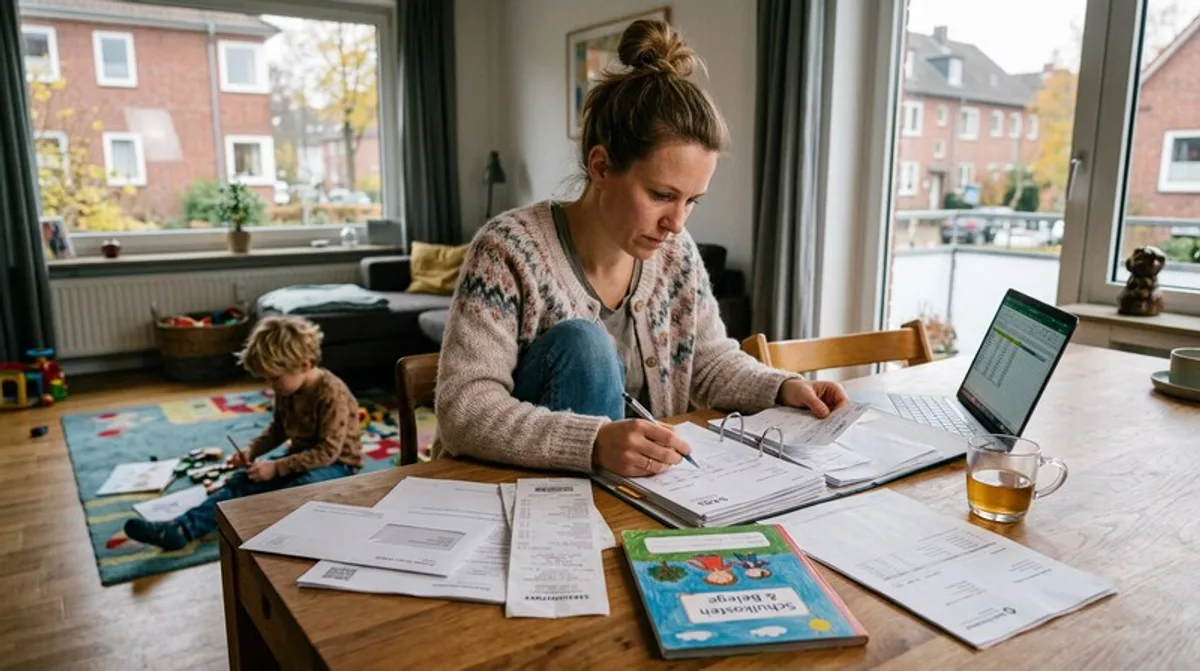Coach arbeitet im Café mit Laptop an der Steuererklärung — Steueroptimierung für Coaches und Trainer