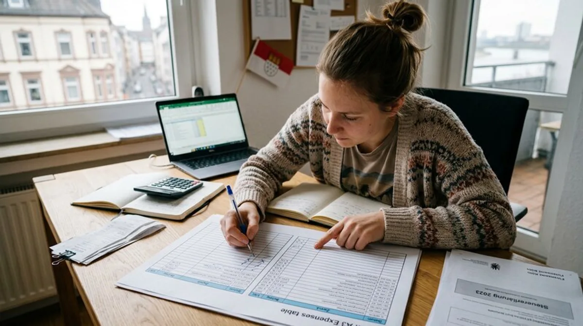 Unternehmerin markiert Ausgaben in Tabelle