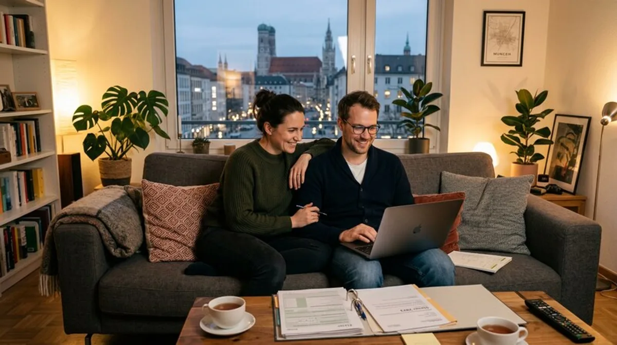Unternehmer mit Laptop und Steuerunterlagen bei der Kaffeepause in Frankfurt
