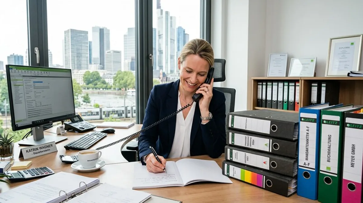 Steuerberaterin für Ärzte telefoniert und notiert Steuerstrategien
