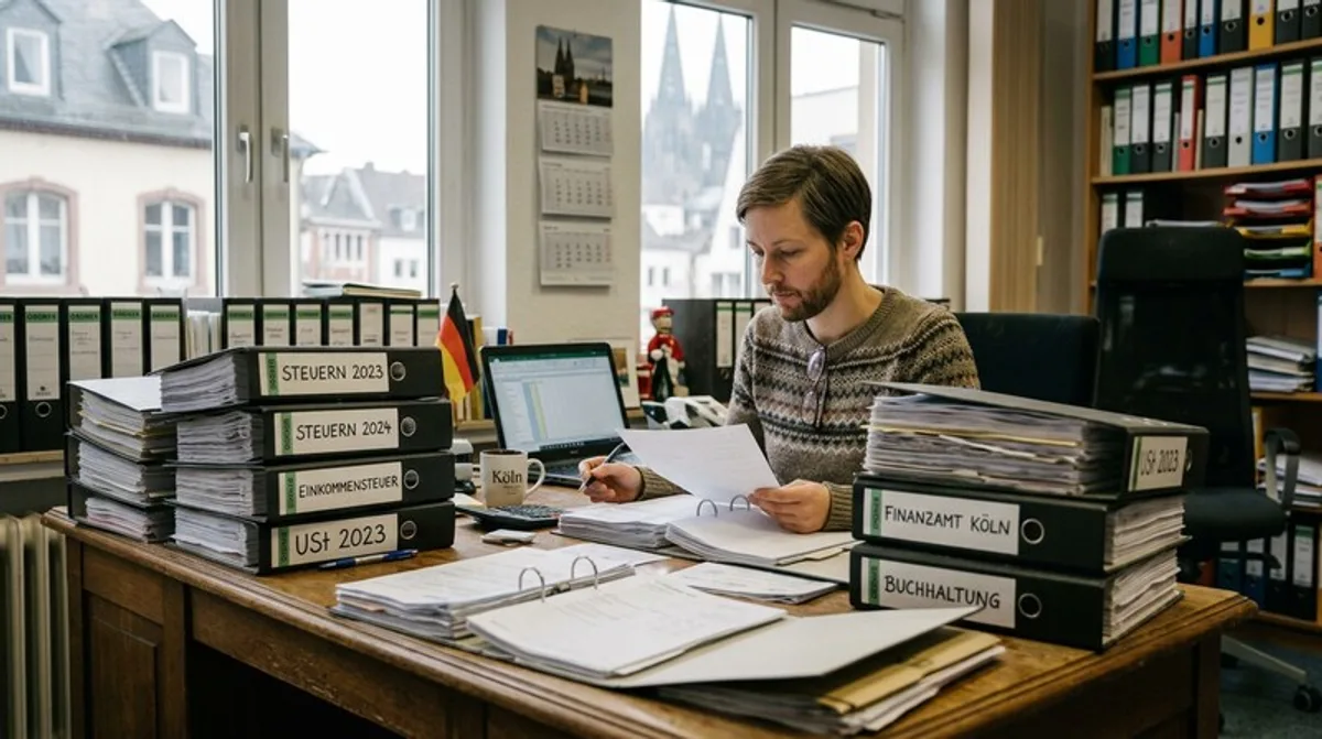 Selbstständige sortiert Belege und Ordner für die Betriebsausgaben-Erfassung